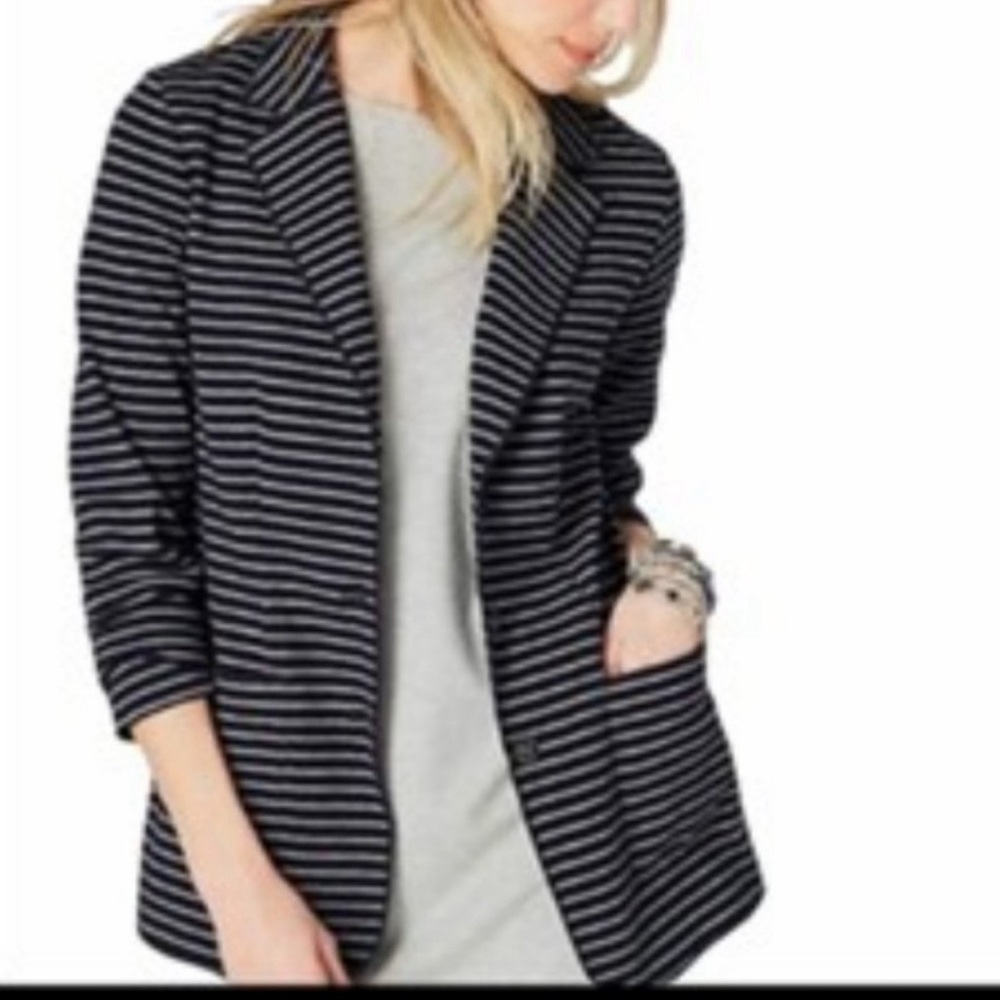 J. Jill Navy Gray Striped Knit Blazer Stretch Jacket Cotton Blend (2X)